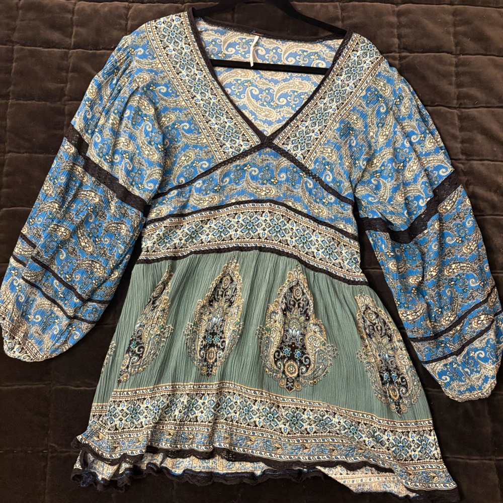 Free People Bohemian Blue and Green Patterned Blouse